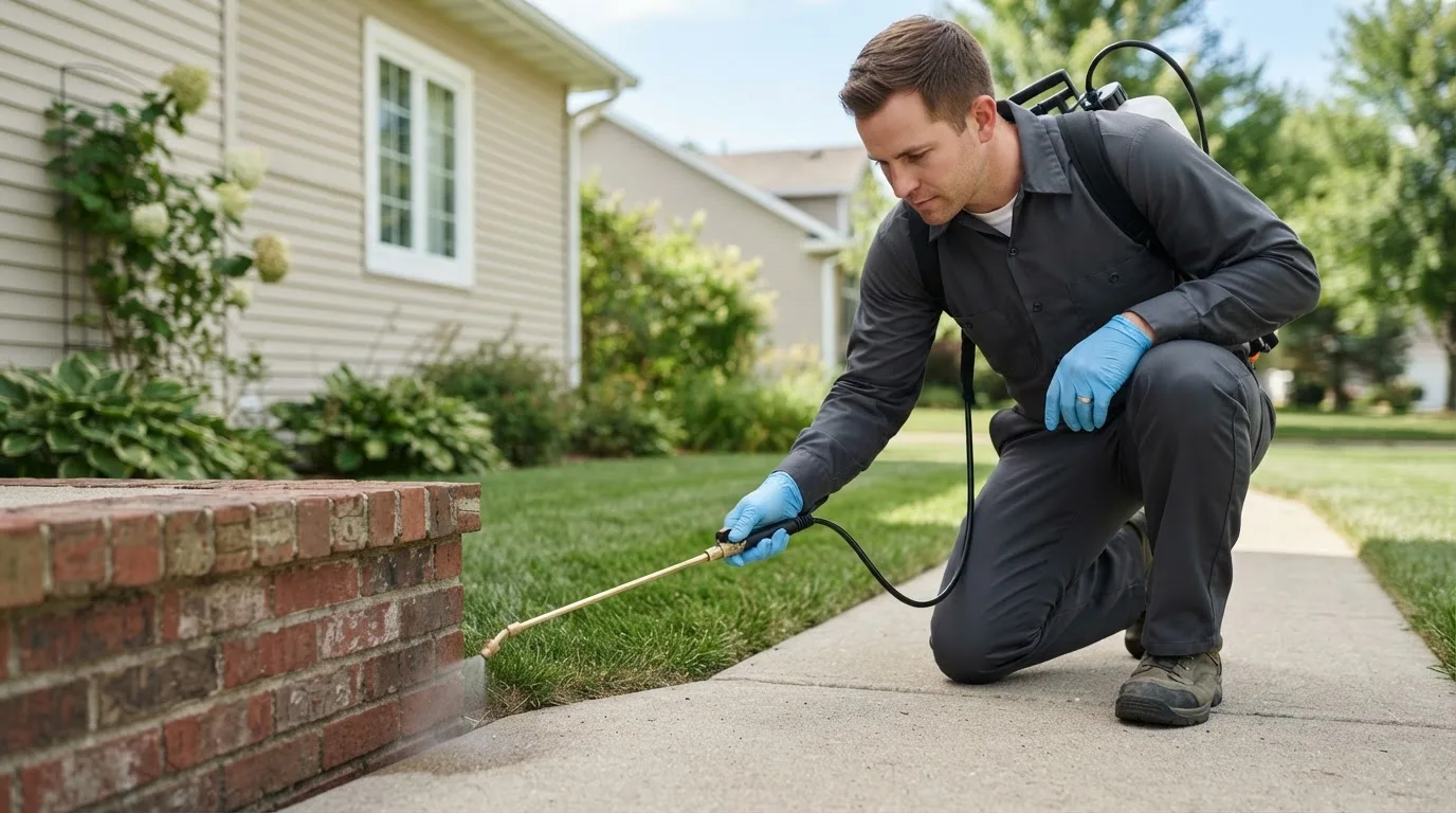 Pest control technician treating a home near Boley, OK
