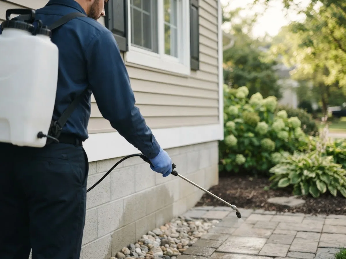 Pest control technician inspecting a home in Boley, OK
